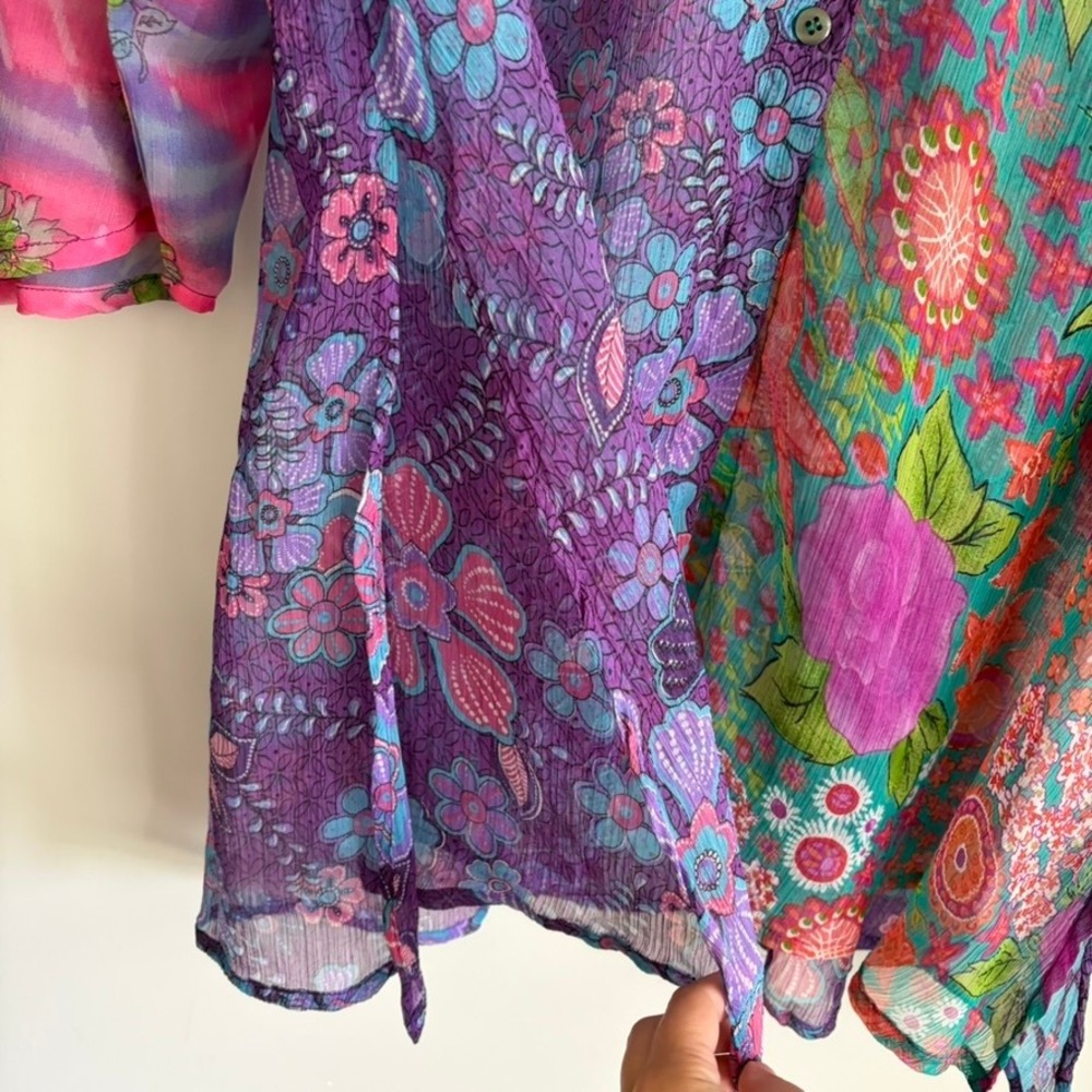 Pyramid Collection Floral Sheer Chiffon Tunic Top 2X Boho Button Up Colorful - Picture 4 of 9